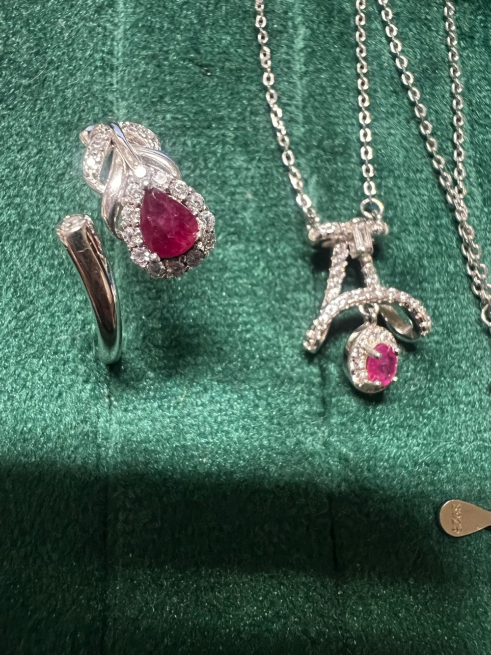 Sterling Silver Ruby Teardrop Pendant Necklace - Pink Ruby Accent Ring size7